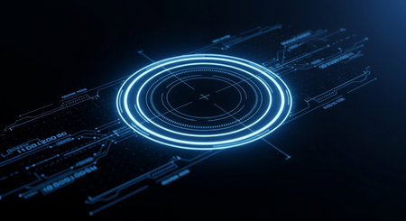 A captivating image showcasing a futuristic technology interface with glowing blue circles and lines, ideal for modern digital applications and abstract designs.の素材