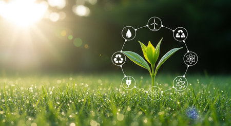 A seedling surrounded by sustainability icons symbolizes a commitment to environmental responsibility, highlighting the importance of renewable energy and conservation efforts.の素材