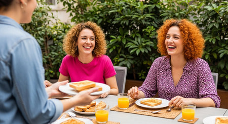 A group of friends enjoys a sunny breakfast on the patio, sharing toast and juice. They are laughing and having a great time together, creating a warm and cheerful atmosphere.の素材
