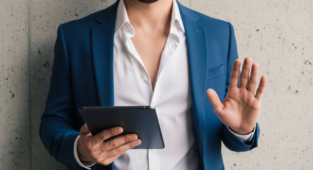 A man in a blue suit is holding a tablet and gesturing with his hand. The setting is against a textured wall, creating a professional and modern atmosphere.の素材