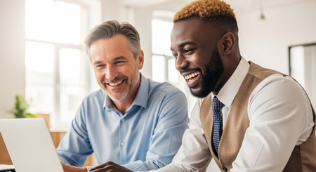 A diverse team collaborates in a modern office, smiles, and uses a laptop. They are working towards a common goal, fostering success and growth in their company.の素材