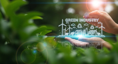 This image represents the green industry concept, showcasing wind turbines, solar panels, and a green city held in human hands, surrounded by lush green leaves.の素材
