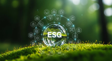 This image represents the concept of Environmental, Social, and Governance (ESG). It shows a crystal ball reflecting a green forest, symbolizing sustainability.の素材