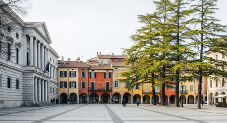 This image captures the essence of Piazza Garibaldi in Castelfranco Veneto, Italy, with its vibrant buildings, stunning architecture, and verdant trees under a clear sky.の素材