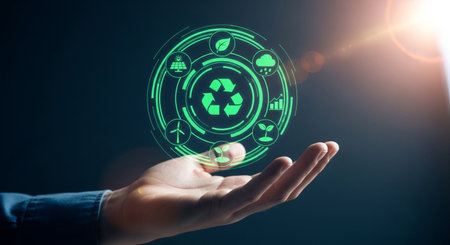 A captivating image showcasing a hand holding a holographic display with a recycling symbol, surrounded by icons of sustainable energy, symbolizing environmental protection.の素材