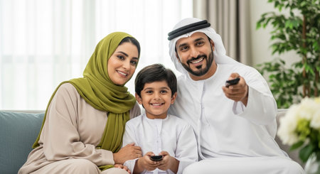 A heartwarming image of an Arab family enjoying TV time. The father holds the remote, smiles, and the living room offers a bright, cheerful backdrop. Family values shine through.の素材