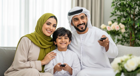A heartwarming image captures an Emirati family joyfully watching television together on their living room sofa, creating a scene filled with love and togetherness.の素材