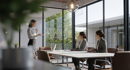 Three women are in a modern office, engaged in a business meeting. They're discussing work, using a laptop, fostering a collaborative, professional environment.の素材
