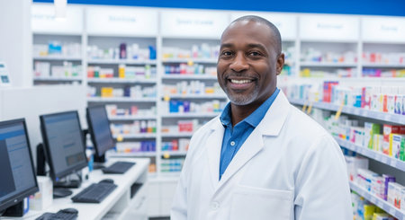 A friendly pharmacist stands in a well-stocked pharmacy, ready to assist customers with their medication needs, offering expert advice and professional service.の素材