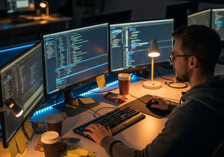 A developer is engrossed in coding at night, surrounded by multiple monitors displaying lines of code. Coffee cups and sticky notes are scattered around the workspace.の素材