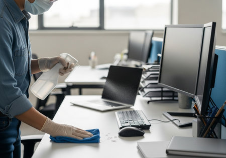 A person is disinfecting a desk with spray and cloth to prevent the spread of germs and viruses, ensuring a clean and safe workspace environment for all employees.の素材