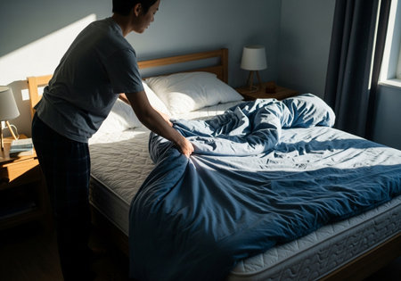 A person is tidying a bed in a well-lit bedroom. Sunlight streams through the window, illuminating the room and creating a warm and inviting atmosphere. It is a cozy scene.の素材