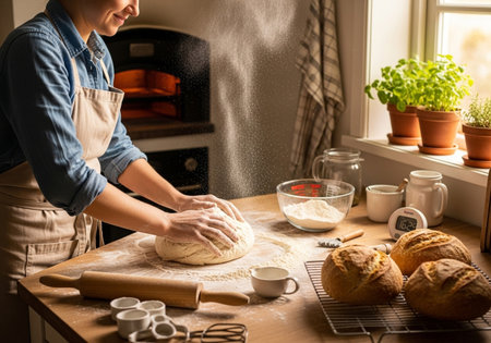 A baker is kneading dough on a floured surface, preparing bread in a warm kitchen. The scene includes ingredients, tools, and a glimpse of the oven, creating a cozy atmosphere.の素材