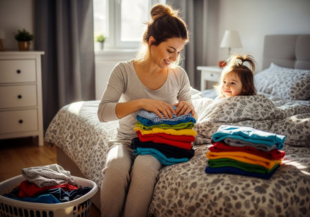A mother and daughter share a tender moment folding laundry in their cozy bedroom. The scene captures the essence of family life, love, and the simple joys of home.の素材