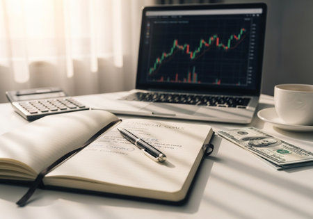 A bright workspace featuring a laptop displaying a stock market graph, a notebook with a pen, calculator, money, and a cup of coffee, ideal for financial planning.の素材