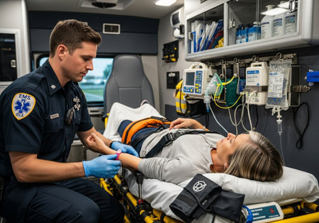 Inside an ambulance, a paramedic provides care to a patient on a stretcher. He is checking vital signs and administering treatment during emergency transport. The scene is urgent.の素材
