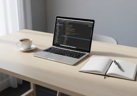A laptop displays code on a wooden desk, accompanied by a notebook, pen, and coffee. The scene evokes a productive workspace, ideal for coding and study.の素材