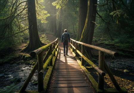 A solitary figure walks across a wooden bridge, surrounded by the vibrant greenery of a dense forest. Sunlight filters through the canopy, creating a tranquil scene.の素材