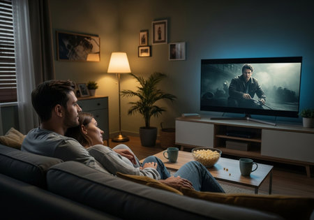 A couple is enjoying a movie night in their living room. The room is warmly lit, and they are sitting on a comfortable sofa, creating a relaxed and intimate atmosphere.の素材