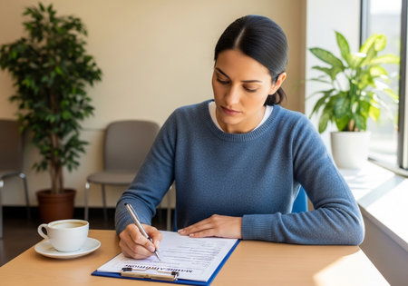 A focused woman diligently fills out a form at a desk in a waiting room, with plants and a cup of coffee nearby, showcasing concentration and paperwork in a professional setting.の素材