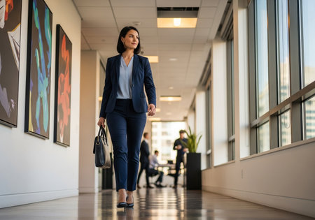 A businesswoman confidently walks through a modern office hallway. She is dressed in a navy suit, carrying a briefcase, radiating professionalism and determination.の素材