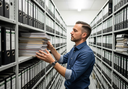 A man in a blue shirt retrieves files from a shelf in a record storage room. The room is filled with rows of ring binders, showcasing meticulous organization.の素材
