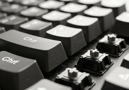 This close-up image showcases a computer keyboard, highlighting the keys and switches. The monochrome tones emphasize the design and functionality of the device.の素材