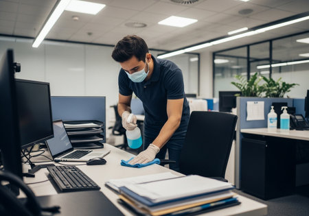 A man wearing a mask and gloves is cleaning an office desk with a spray bottle and a cloth. He is taking precautions to prevent the spread of germs and viruses.の素材