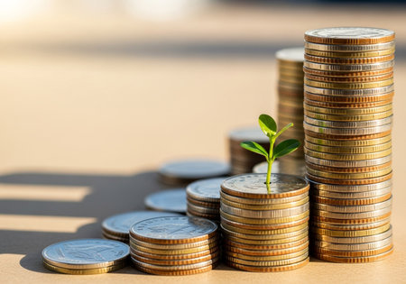 A visual representation of financial growth, featuring stacks of coins and a small plant, symbolizing investment and the potential for long-term financial success.の素材