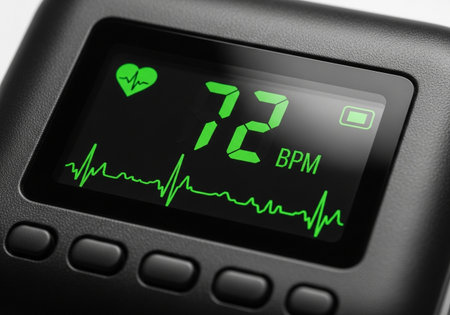 This image showcases a heart rate monitor displaying a reading of 72 BPM. The screen features a green heart icon, a battery indicator, and a black background for contrast.の素材