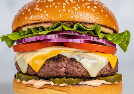 A close-up studio shot of a delicious burger on a white background. It features a juicy beef patty, melted cheese, fresh vegetables, and a sesame seed bun.の素材