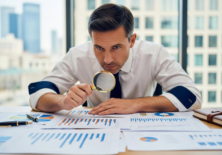 A focused businessman is meticulously examining financial data using a magnifying glass in his office. The city skyline is visible through the window behind him.の素材
