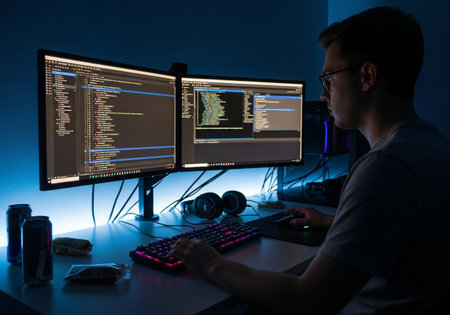 A programmer is deeply engrossed in coding, utilizing dual monitors to display complex code. The workspace is modern, featuring headphones, keyboard, and mouse. The room is dimly lit.の素材