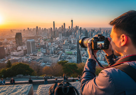 A photographer skillfully captures Bangkok's skyline at sunset, blending modern architecture with a vibrant urban atmosphere, creating a stunning visual narrative.の素材