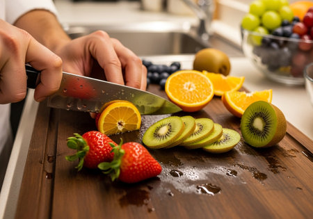 A person is skillfully slicing fresh fruits on a wooden cutting board, preparing a healthy snack. Oranges, kiwis, and strawberries are arranged for cutting in a bright kitchen.の素材