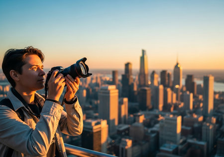 A photographer stands atop a building, capturing the Philadelphia skyline at sunset. The golden hour bathes the city in warm light, highlighting its architectural details.の素材