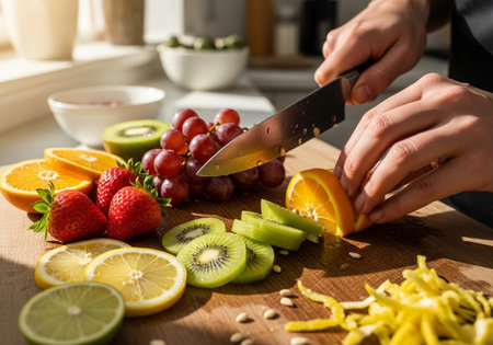 A person is slicing fresh fruits on a wooden cutting board, creating a vibrant and healthy display. The fruits include oranges, kiwi, grapes, and strawberries.の素材