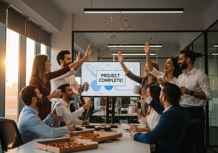 A team celebrates a project completion in their modern office, enjoying pizza and raising their hands in excitement as confetti falls, with a screen displaying the success.の素材