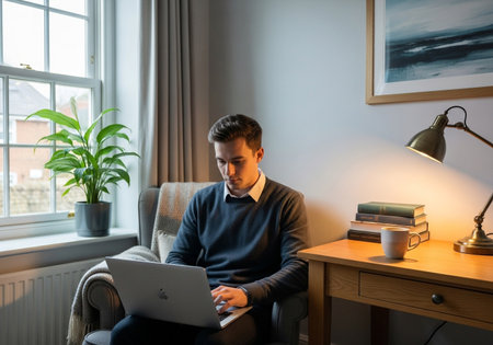 A man is working on his laptop in a cozy room. There is a window, a plant, a chair, a table, a book, a cup, a radiator, a curtain, and a painting. The room is warm and inviting.の素材