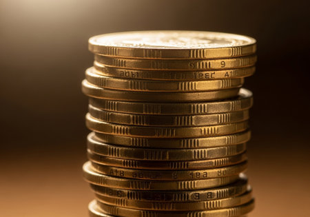 A gleaming stack of gold coins symbolizes prosperity and financial security. The coins reflect light, emphasizing wealth and investment, set against a blurred backdrop.の素材