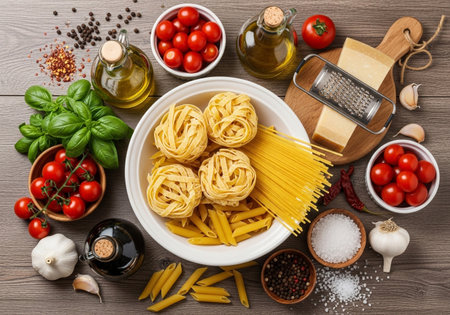 This overhead shot showcases an array of pasta ingredients arranged on a wooden table, perfect for creating a delicious Italian meal with fresh and flavorful components.の素材