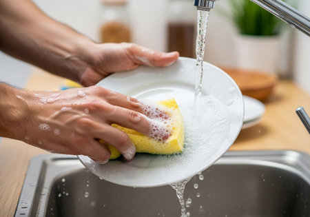 This image shows a person washing a white plate with a yellow sponge under running water in a kitchen sink. The scene conveys cleanliness and a sense of domestic routine.の素材