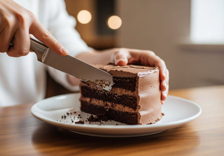 A person is using a knife to cut a slice of a chocolate cake on a white plate. The cake has multiple layers and is covered in chocolate frosting, placed on a wooden table.の素材