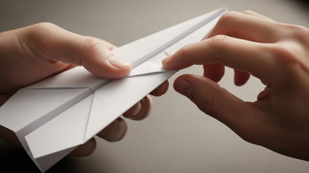 Close-up of human hands meticulously folding white paper into an airplane, emphasizing creativity, precision, and a sense of craft or play.の素材