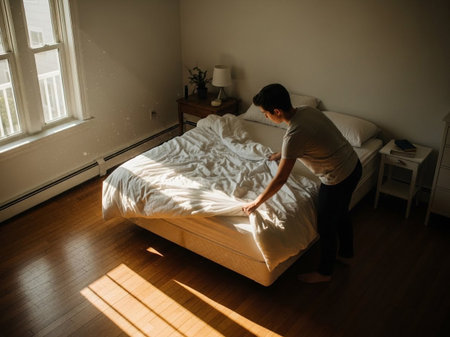 A young person tidies their bedroom, making the bed with a white duvet. Golden sunlight streams through the window, creating a warm, peaceful morning atmosphere at home.の素材