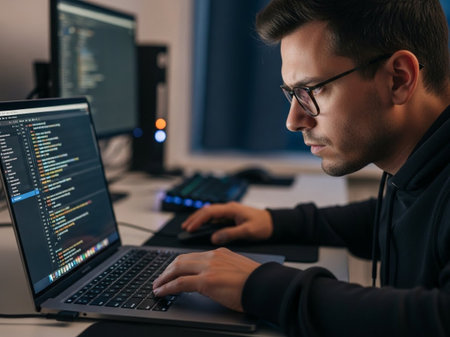 A focused young male programmer in glasses intently codes on a laptop at a modern desk. He is engrossed in software development, showcasing technological expertise.の素材