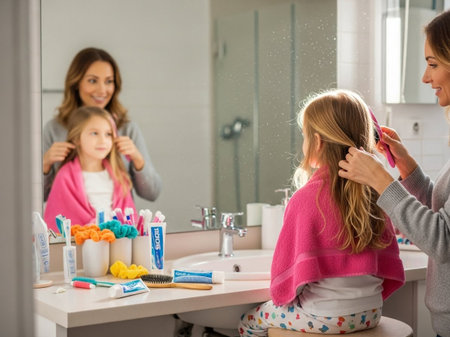 Loving mother gently combs her young daughter's blonde hair in the bathroom, assisting with the morning routine. A heartwarming family moment of care and connection.の素材