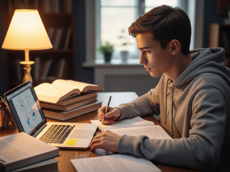 Young male student focused on his studies, writing notes from a textbook while using a laptop for research, illuminated by a warm desk lamp in a library-like setting.の素材