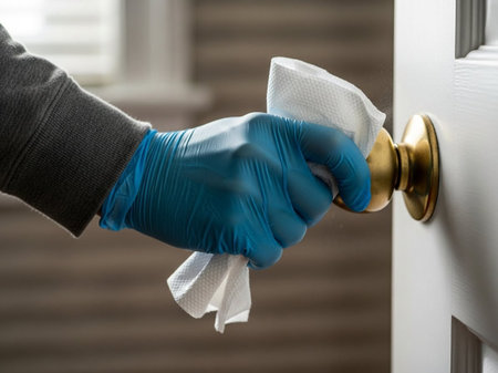 A person wearing a blue protective glove diligently cleans a brass doorknob with a disposable wipe. This action represents hygiene, sanitation, and germ prevention.の素材