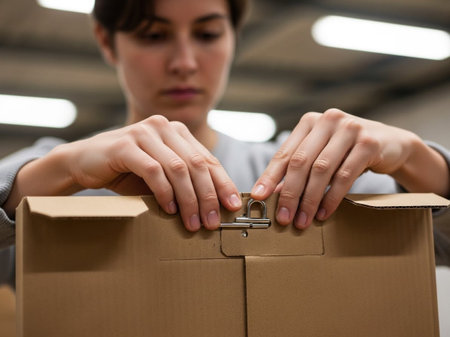 A woman's hands meticulously close a brown cardboard box, securing it with a metal clasp. This shot emphasizes careful packaging, efficient logistics, delivery, and secure storage.の素材